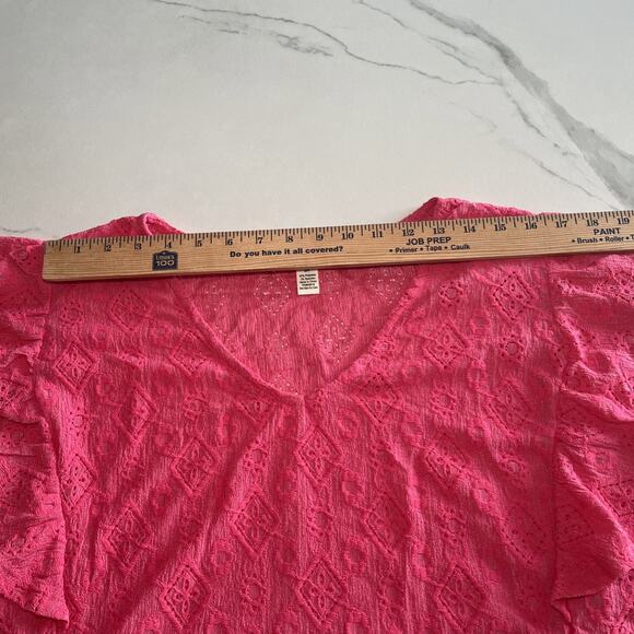 French Laundry Plus Size 2X Pink V Neck Short Ruffle Sleeve Blouse Embroidered - Picture 4 of 11